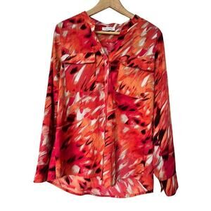 Calvin Klein Abstract Print Long Sleeve High Low Button Up Shirt Womens Medium